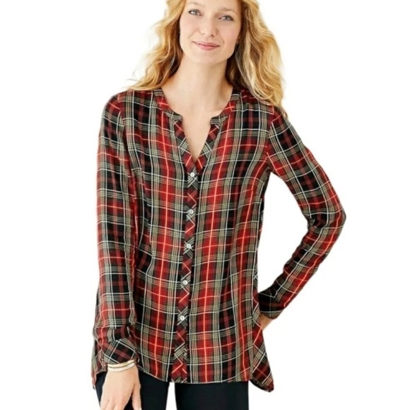 J JILL Button Down Long Sleeve Christmas Holiday Plaid Red Shirt Sz L - Picture 1 of 7